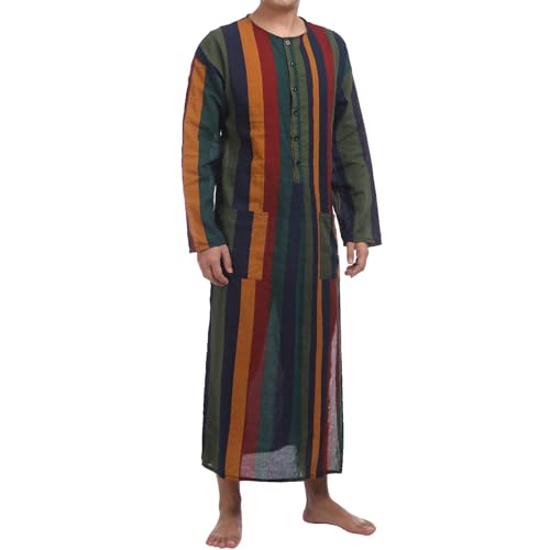 IWEMEK Muslim Thobe for Men Striped Kaftan Thobe with Pockets Saudi Arabic Robe Button up Dubai Abaya Caftan Ramadan Clothes - color: Yellow, size: Medium