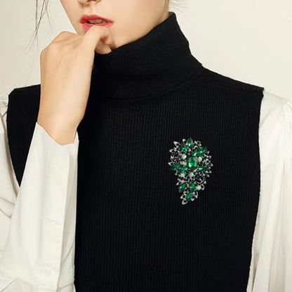 SELOVO Women's Rhinestone Crystal Wedding Flower Leaf Sparkle Brooch Pin - color: Green