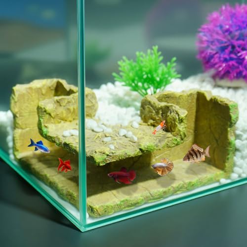 90° Corner Fish Cave Viewing Tunnels | Realistic Rock Formation Hideout for Shrimp, Plecos, Cichlids | BPA-Free Premium Resin, Safe for Aquarium (5.3”x5.3”x2.8”) - style: Rock