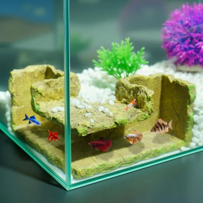 90° Corner Fish Cave Viewing Tunnels | Realistic Rock Formation Hideout for Shrimp, Plecos, Cichlids | BPA-Free Premium Resin, Safe for Aquarium (5.3”x5.3”x2.8”) - style: Rock