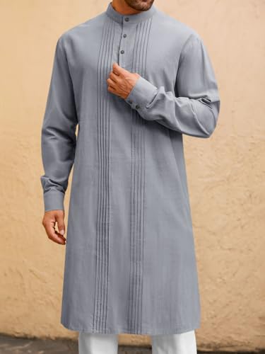 Runcati Mens Kaftan Robe Button Down Long Sleeve Cotton Linen Thobe Casual Muslim Gown Henley Shirt - color: Grey, size: Large