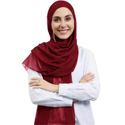 Instant Hijab Set 3-in-1 Chiffon Hijab Scarf for Women with Built-in Magnets and Undercap Head Wraps - color: Burgundy