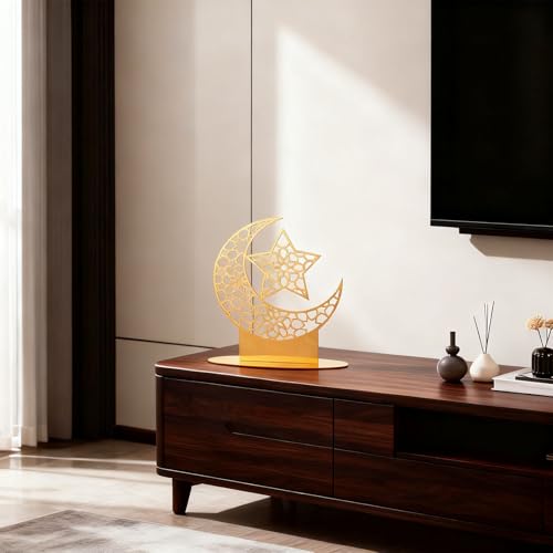 Gold Arabic Islamic Decor, Acrylic Star & Moon Table Centerpiece, 9.1 X 7.9 in, Hollow-Carved Religious Ornament, Mirror Signage for Ramadan & Eid, Home Or Office