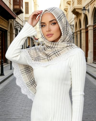 JUMISEE Elegant Floral Lace Hijab Scarf for Women Soft Cotton Head Wrap Instant Hijab Long Scarves Evening Dress Shawl - color: Beige Plaid Pattern