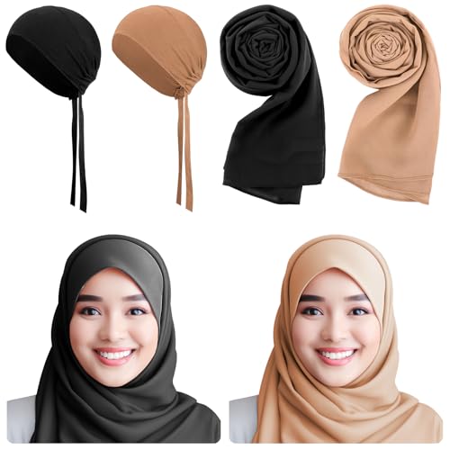 4 Pcs Women Solid Chiffon Hijab Scarves and Undercap Set Long Shawl Soft Wrap Scarves Muslim Inner Hijab Caps - color: Black, Khaki
