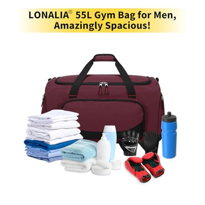 55L Large Sports Duffle Gym Bag for Men, Maroon | Heavy Duty, Multi Pockets, Roomy, 22 inch - color: Maroon