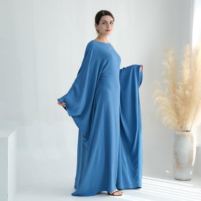 ODIZLI Abayas For Women Muslim Dubai Full Cover Kaftan Shirt Dress Batwing Sleeve Prayer Dress With Hijab - color: Blue + Hijab, size: One Size