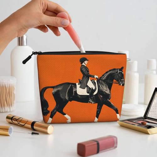 Equestrian Rider On Black Horse Fake Hemp Makeup Bag Travel Bags Toiletry Pouch With Zipper 9.45 X 6.7 In - color: Equestrian Rider On Black Horse