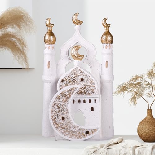 Ramadan Eid Home Decorations for Home 2025 Gold and White Mosque Tower Islamic Eid Mubarak decore - size: 6.3*2.36*10.63in