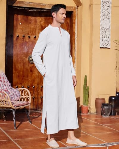 LVCBL Kaftan Thobe 남성용 빅 앤 톨 무슬림 로브 남성용 긴소매 카프탄 - color: 화이트., size: 라지
