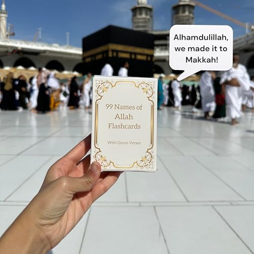 99 Names of Allah Flashcards with Quran Verses, Asma Ul Husna in Arabic and English, Islamic Book Learning and Memory Card Game, Eid & Ramadan Decorations, Muslim Prayer, Deen Supplies, White & Gold