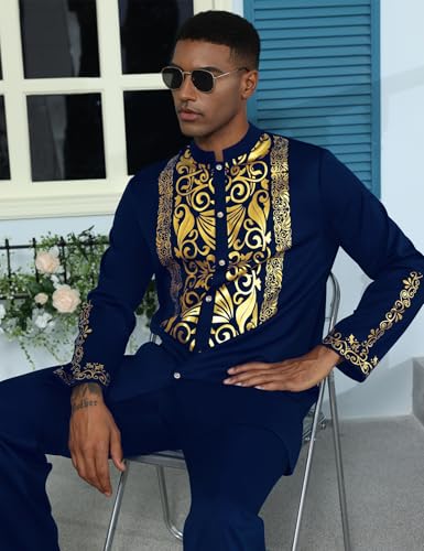 Mens African 2 Piece Sets Dashiki Metallic Traditional Suit Gold Stamp Printed Shirt and Pants Outfit - color: Navy Blue, size: XX-Large