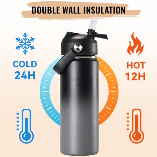 Fijinhom 18oz Insulated Stainless Steel Water Bottle, Wide Mouth Double Wall Vacuum, Silicone Straw, Sweat & Leak Proof, BPA Free Insulated Water Flask for Travel, Keep Cold 24h Hot 12h, Grey - color: Grey Gradient, size: 18 Ounces