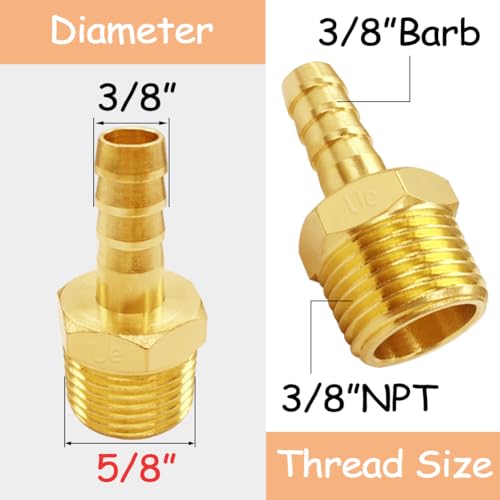 Uenede Brass 3/8" NPT Male to 3/8" Hose Barbed Fittings, 6PCS | Barb Pipe Fittings with Clamps Air Line Repair Connectors for Water Oil Gas - size: 3/8"Barb, style: 3/8"NPT Male