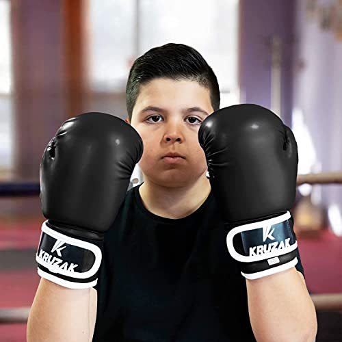 Kruzak Boxing Gloves for Kids 5-10 Years Training, Sparring, Kickboxing, Muay Thai, Martial Arts & MMA Fighting - Boys & Girls Punch Bag Mitts Training - color: Black, size: 4 oz