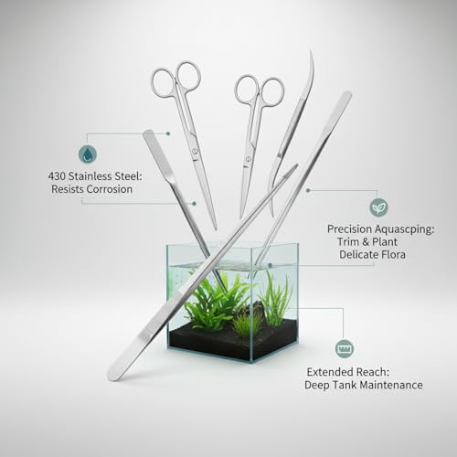 Aquarium Maintenance Tool Set - 430 Stainless Steel Long Reach Scissors, Tweezers & Sand Shovel for Fish Tanks