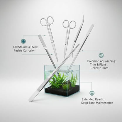 Aquarium Maintenance Tool Set - 430 Stainless Steel Long Reach Scissors, Tweezers & Sand Shovel for Fish Tanks