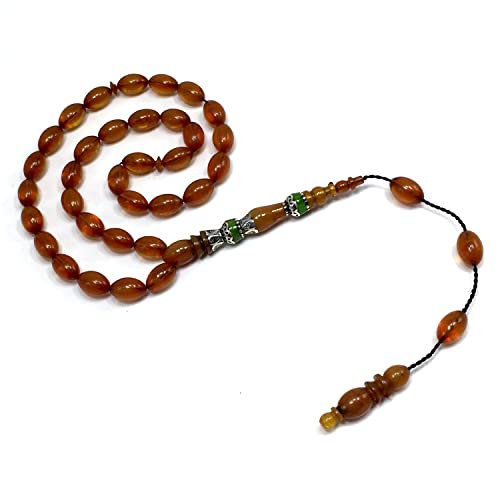 EXCLUSIVE COLLECTION -Handmade Silver Engraved Bakelite Tesbih, Tasbih, Islamic Rosary, Islamic Prayer Beads, Misbaha (7x10 mm 33 Honey Color Rice Beads) - color: 7x10 mm 33 Honey Color Rice Beads