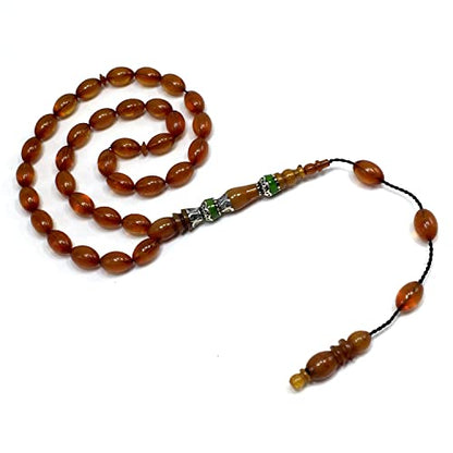 EXCLUSIVE COLLECTION -Handmade Silver Engraved Bakelite Tesbih, Tasbih, Islamic Rosary, Islamic Prayer Beads, Misbaha (7x10 mm 33 Honey Color Rice Beads) - color: 7x10 mm 33 Honey Color Rice Beads