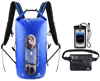 Freegrace Waterproof Dry Bag Set of 3 - Submersible Dry Sack with Double Zip Lock Seals - Includes Waist Pouch & Phone Case - Perfect for Kayaking, Swimming, Boating & Rafting (Window, Navy Blue, 35L) - color: Navy Blue, size: 35L, style: Window
