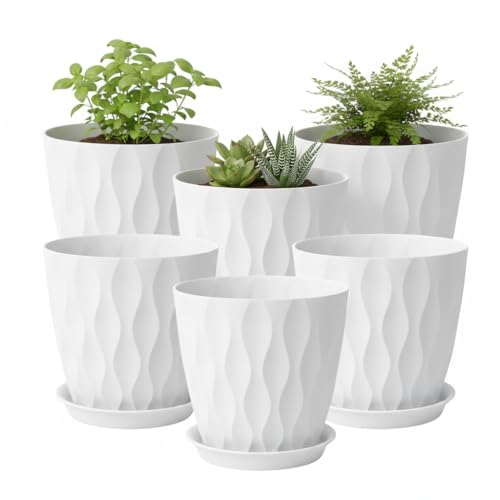 8 Inch Plant Pots Plastic Planters with Drainage Holes & Saucer, 6 Pack | White, 3D Water Ripple Texture, for Indoor Outdoor Plants, Decoration Flower Pots for Garden Home - color: White