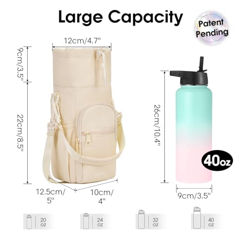 sportsnew 40oz Insulated Crossbody Water Bottle Bag Gym Hiking Phone Pocket | Water-resistant Lining, Padded Strap, Top Handle, Drawstring, Phone Pocket, Elastic Slots, Built-In Key Clip for Gym Walking - color: Beige
