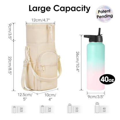 sportsnew 40oz Insulated Crossbody Water Bottle Bag Gym Hiking Phone Pocket | Water-resistant Lining, Padded Strap, Top Handle, Drawstring, Phone Pocket, Elastic Slots, Built-In Key Clip for Gym Walking - color: Beige