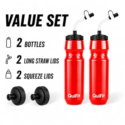 QuiFit Lacrosse Water Bottle with Long Straw - Hockey 1 Liter Water Bottles 2 Pack with 2 Lids Each- BPA Free Squeeze lightweight Water Bottle, Leakproof Dishwasher Safe- for Helmet,Baseball (Red) - color: Red