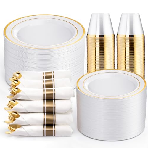 WELLIFE 350-Piece Gold Disposable Plates and Cutlery Set - Premium 10.25" Dinner Plates, 7.5" Dessert Plates, 9oz Cups & Cutlery for Weddings, Catering Events - 50 Guest Service - Elegant & Sturdy - color: Gold, style: 350PCS（50 Guests）