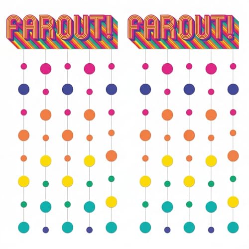 2 Pack “FAR Out!” 70s Doorway Curtain Decoration 3ft x 6.5ft Each – Retro Rainbow Groovy Hanging Door Curtain Backdrop with Colorful Dot Strands, Photo Booth Background for Disco & 70s Theme Party - color: Far Out "70s"