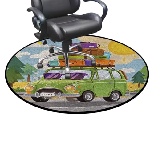 On The Road Round Gaming & Office Chair Mat, Playful Vehicle Character Anti-Slip Floor Protector for Rolling Chairs, Durable Computer Chair Mat, Teal Turquoise Diameter 35.4 in - color: On the Road_1470, size: Diameter 35.4 in