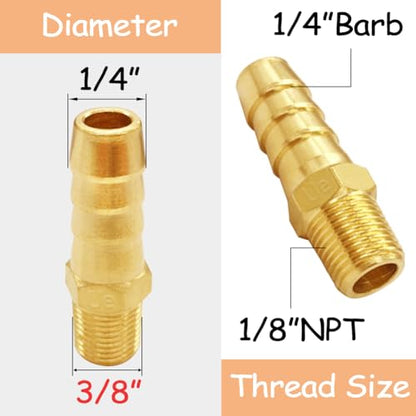 Uenede 6PCS Brass Hose Barb Fittings 1/8" NPT Male to 1/4" Barb Adapter Connector Include 6 Stainless Steel Clamps for Water/Oil/Gas - size: 1/4"Barb, style: 1/8"NPT Male