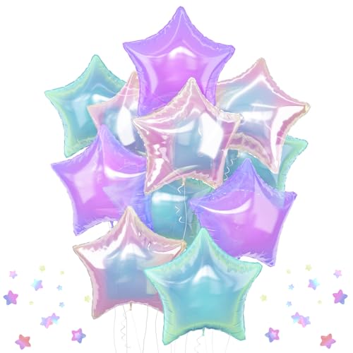 Iridescent Star Balloons, 9Pcs 18Inch Transparent Crystal Star Foil Balloon, Gradient Iridescent Pink Purple Green Pentagram Balloon for Princess Birthday Wedding Easter Party Decoration Mermaid Theme - color: Iridescent Purple Blue