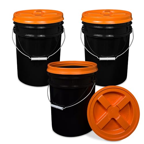 5 Gallon Bucket - Food Grade w/Lid BPA-Free, Black/Orange, 3 | Airtight Gamma Seal Screw-On Lid, Heavy-Duty 90 Mil HDPE Plastic, Food Safe and Durable Container, Bulk Storage, Made in USA - color: Black/Orange, size: 3 Packs