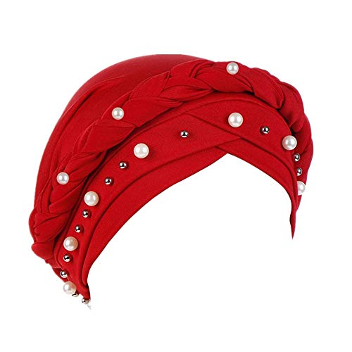 Fxhixiy Women Chemo Beanie Beaded Pearl Braid Turban Headwear for Hair Loss - color: Red