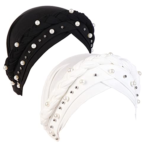 Fxhixiy Women Chemo Beanie Beaded Pearl Braid Turban Headwear for Hair Loss - color: Black/White