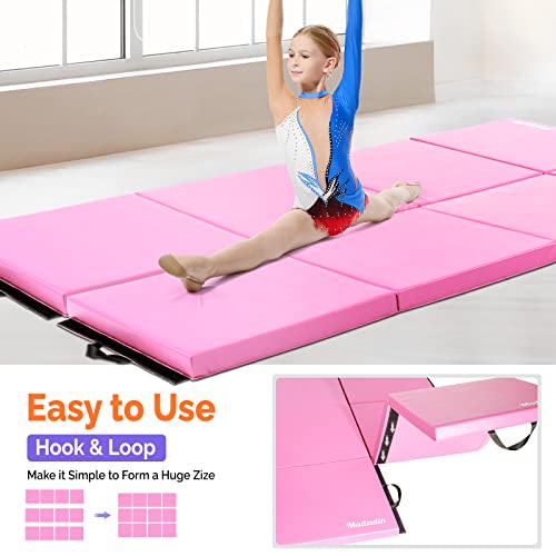 Matladin 8' Folding Gymnastics Gym Exercise Aerobics Mat, 8ft x 2ft x 2in PU Leather Tumbling Mats with Hook & Loop Fastener for Stretching Yoga Cheerleading Martial Arts - color: Pink