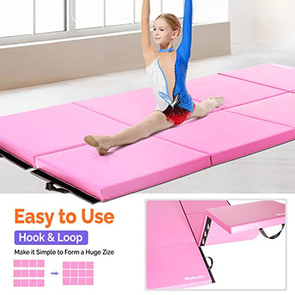 Matladin 8' Folding Gymnastics Gym Exercise Aerobics Mat, 8ft x 2ft x 2in PU Leather Tumbling Mats with Hook & Loop Fastener for Stretching Yoga Cheerleading Martial Arts - color: Pink