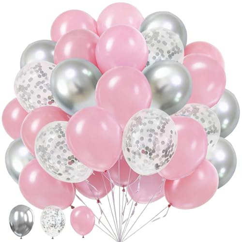 60Pcs Pink and Silver Balloons, 12inch Silver Confetti Party Latex Balloons - color: Pink Silver