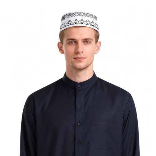 haozaikeji 4pcs Men's Muslim Prayer Kufi Hat Embroidered Islamic Prayer Cap Arabian Omani Turkish Praying Caps Eid Topi Hat - color: Black+grey+gold+blue