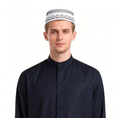 haozaikeji 4pcs Men's Muslim Prayer Kufi Hat Embroidered Islamic Prayer Cap Arabian Omani Turkish Praying Caps Eid Topi Hat - color: Black+grey+gold+blue