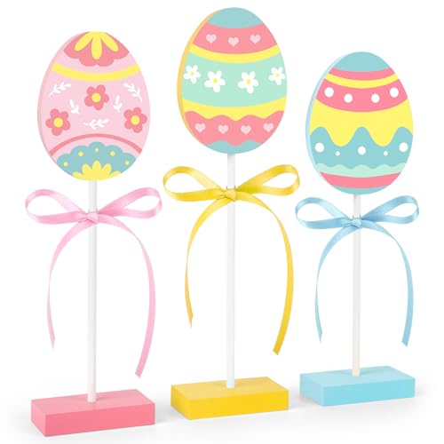 3 Pieces Easter Table Decorations, Wooden Eggs Signs, Colorful Easter Tiered Tray Decor for Home Kitchen Decorations (Eggs) - style: Eggs