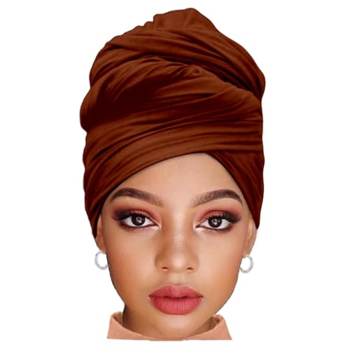 ZRQ 1 Pieces Coffee Stretch Hijab Extra Long Solid Color African Shawl Hair Scarfs Jersey Turban Fashion Head Scarf Soft Head Wraps for Black Women - color: Coffee
