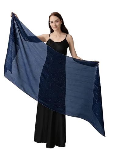 Women's Sheer Chiffon Shawl Wrap Scarf With Silver Thread,Lightweight Sparkling Rhinestone Versatile Hijab Stole - color: Navy