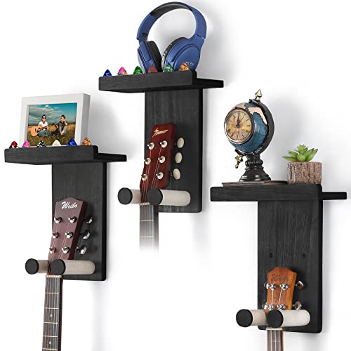 Keebofly Guitar Wall Mount 3-Pack - Rustic Wood Guitar Hanger with Pick Holder for Acoustic, Electric, Bass Guitars & Ukulele (Matte Black, Screw-Mounted) [Patented] - color: 3 Pack_Black