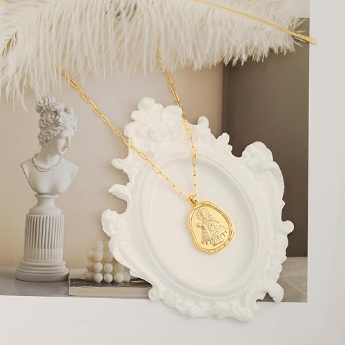 POTESSA 18K Gold Plated Pendant Necklace Medallion Coin Heart Y Shaped Chain Toggle Necklace for Women Jewelry - color: Golden Mary Cross