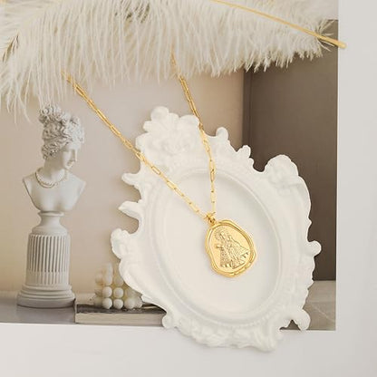 POTESSA 18K Gold Plated Pendant Necklace Medallion Coin Heart Y Shaped Chain Toggle Necklace for Women Jewelry - color: Golden Mary Cross