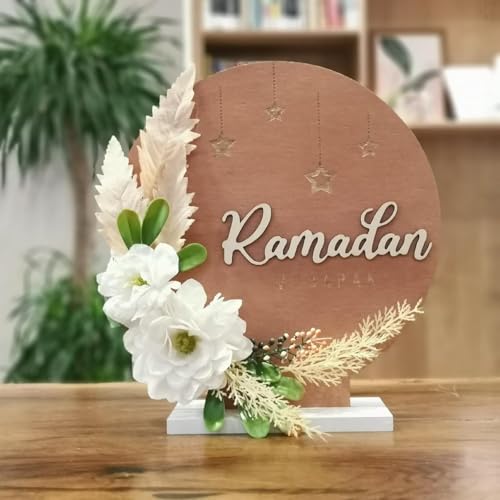 Ramadan Mubarak Artificial Flower Decorations, 12.2in Round Shape Wreaths Desktop Decor, Eid Al-fitr Mubarak Table Ornaments for Muslim Home Desk Fireplace Party Supplies