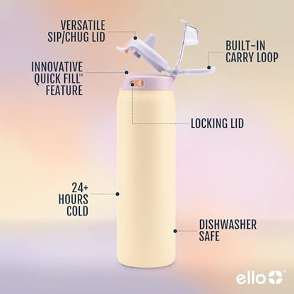 Ello Pop & Fill Insulated Stainless Steel Water Bottle with Quick Fill Lid, Leakproof Locking, Sip or Chug Spout, BPA-Free, Double Wall Vacuum Insulated for Sports, Travel & School- 22oz / 32oz / 40oz - color: Pastel Paradise, style: 22oz