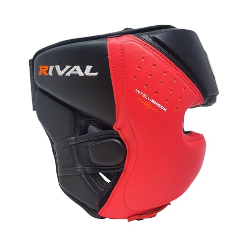 RIVAL Boxing RHG10 Intelli-Shock Headgear, D3O Front and Side Padding, Hook and Loop Back Adjustment with Lace on Top, and Anatomical Rear Head Pad Every Time - color: Black/Red, size: Medium